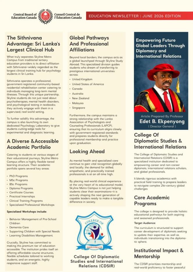 Central Board of Education Canada, June 2026 Education Newsletter — page 2, continuing the Skyline Metro Campus feature