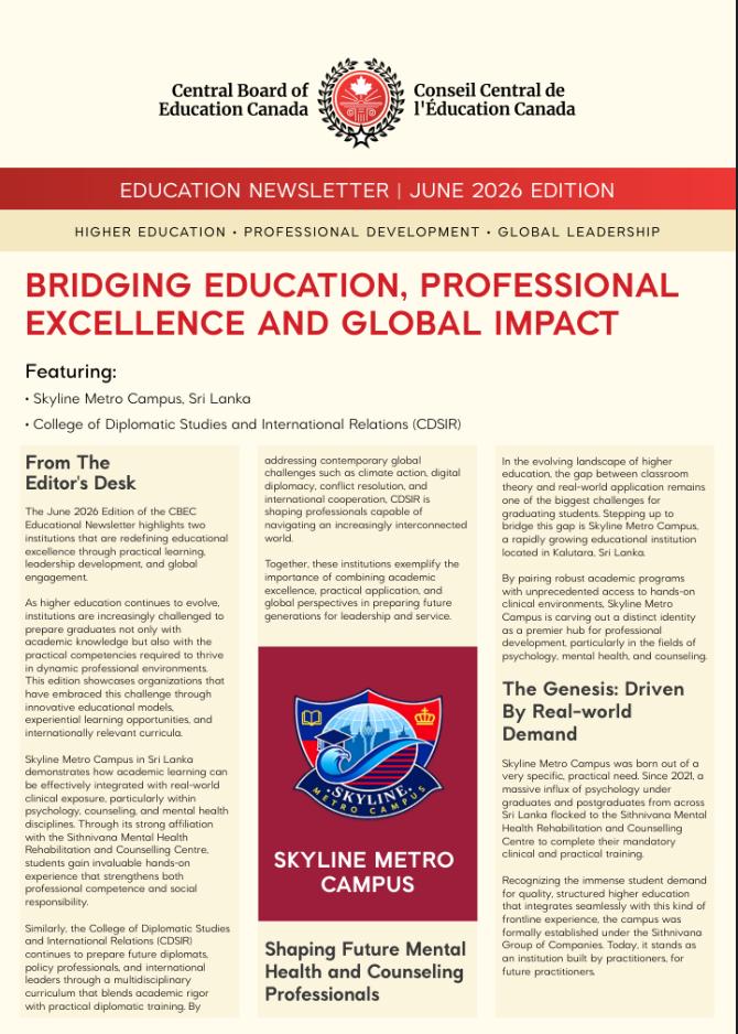 Central Board of Education Canada, June 2026 Education Newsletter — page 1, featuring Skyline Metro Campus
